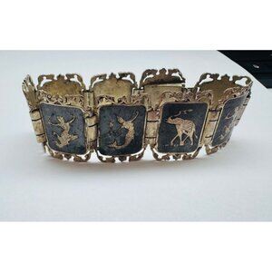 Antique Sterling Silver 925 Siam Niello Panel Bracelet Dancers Elephants 6” 31.6